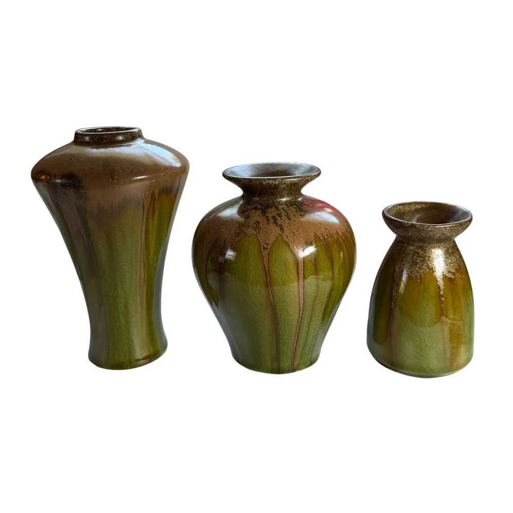 Set of 3 Olive Green Crackle Glaze Ceramic Vases Decorative Bud Vase Trio Decor